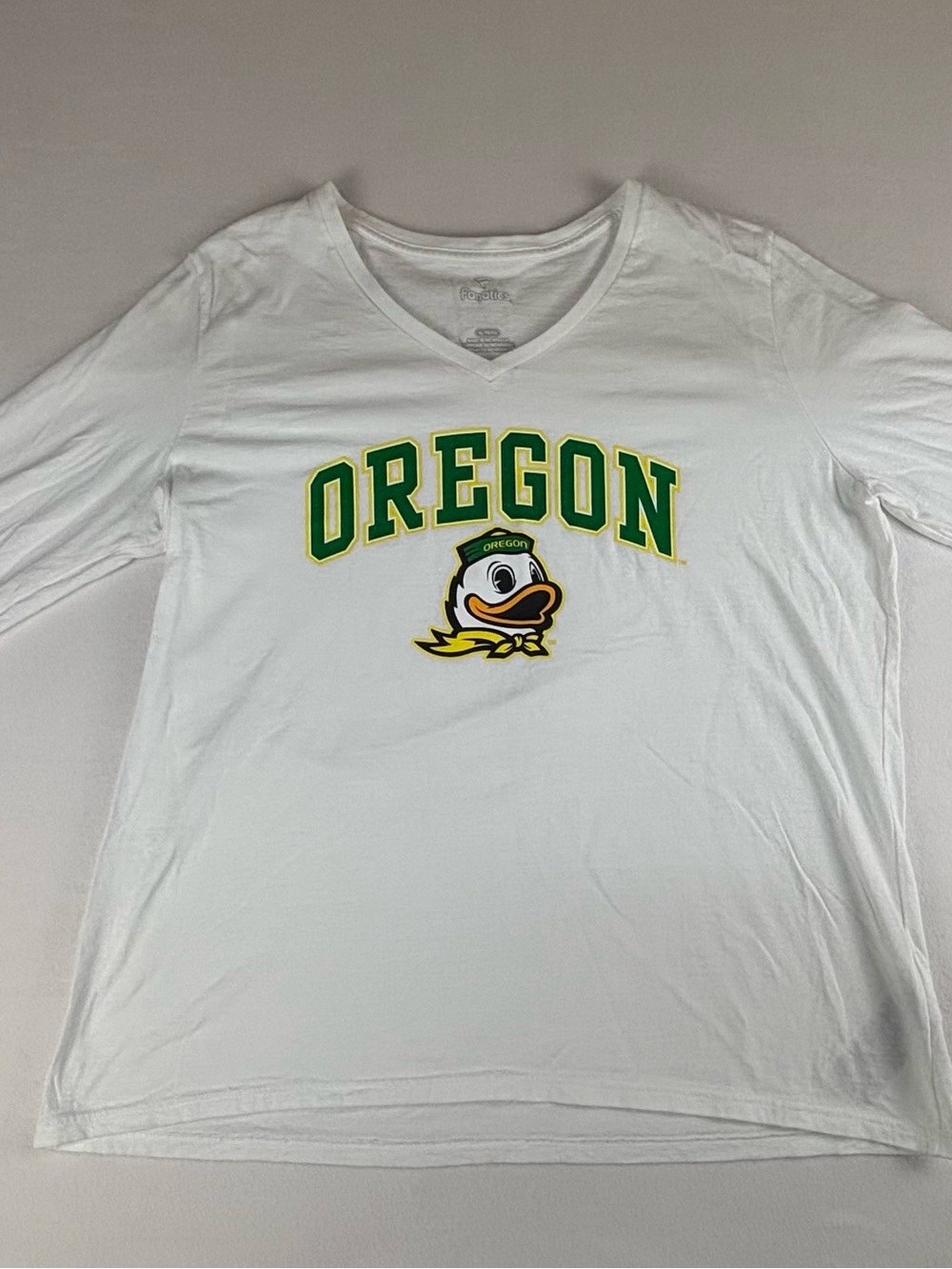 Fanatics White V-Neck Long Sleeve Tee with Oregon Duck Crest